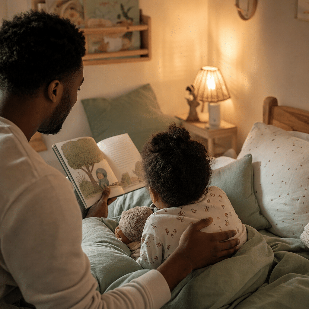 Parent lisant une histoire à son enfant avant le coucher pour favoriser la détente et apaiser le bruxisme.