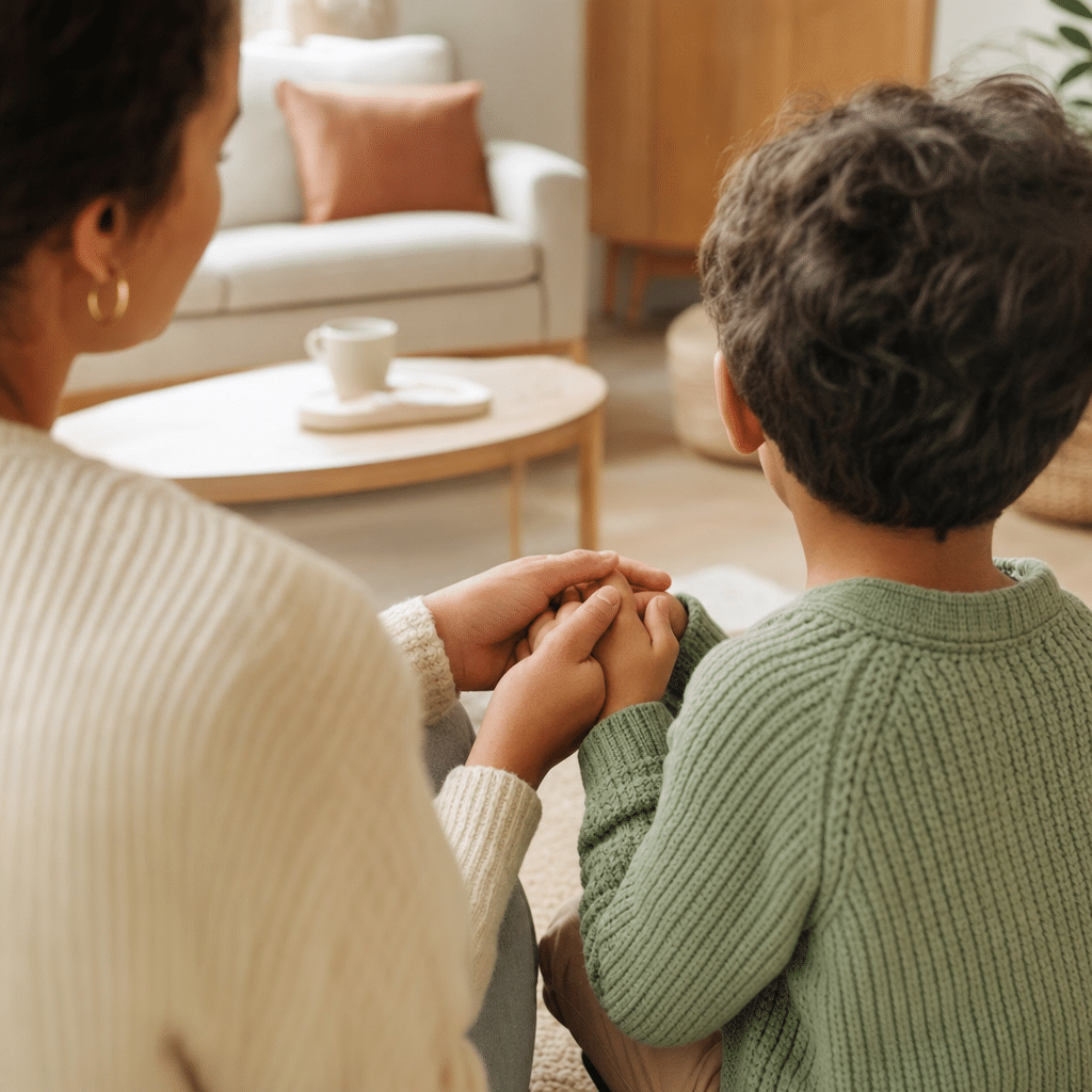 Parent bienveillant accroupi tenant les mains de son enfant de 5 ans pour l'écouter avec empathie.