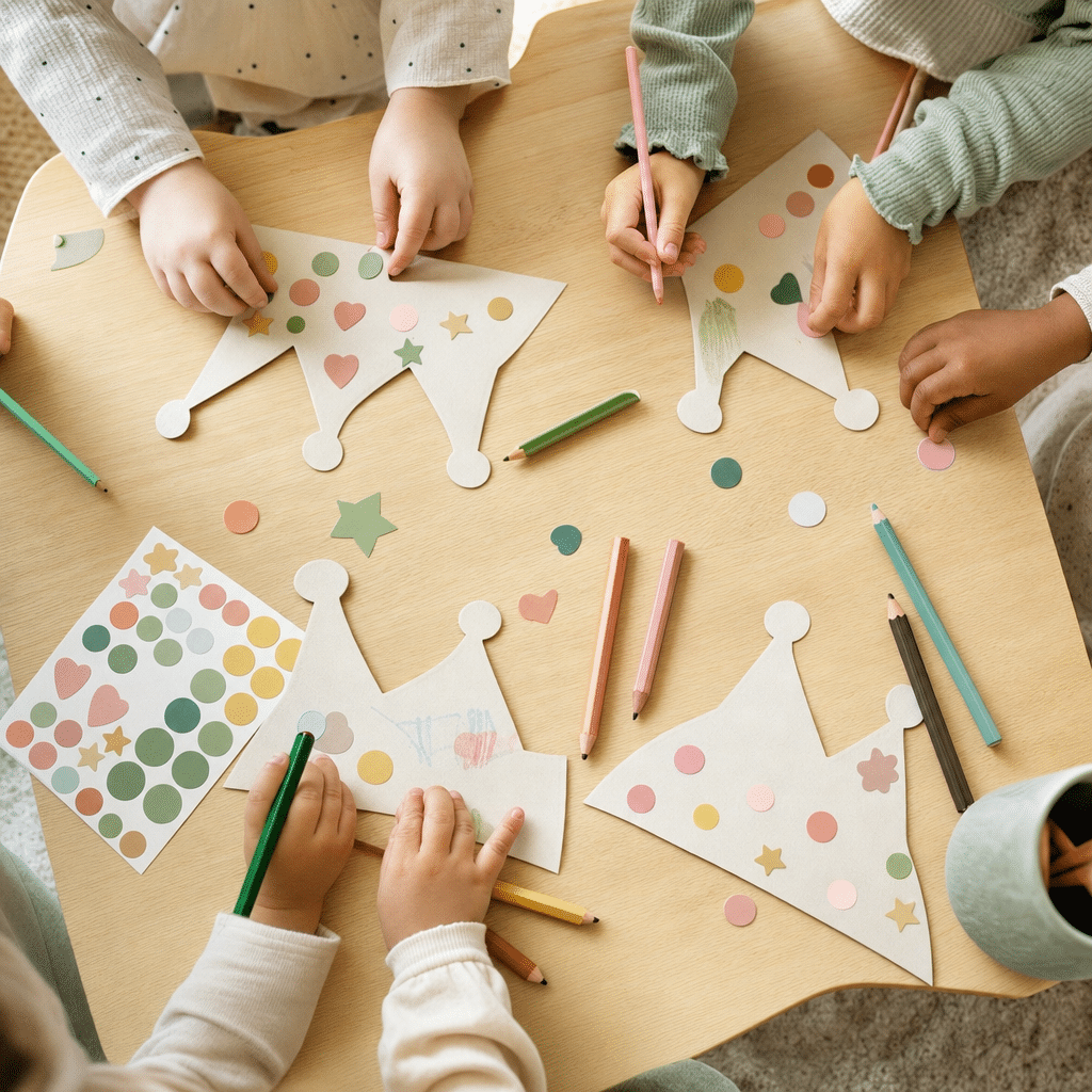 Mains d'enfants de 5 ans réalisant un jeu calme de décoration créative lors d'un anniversaire.