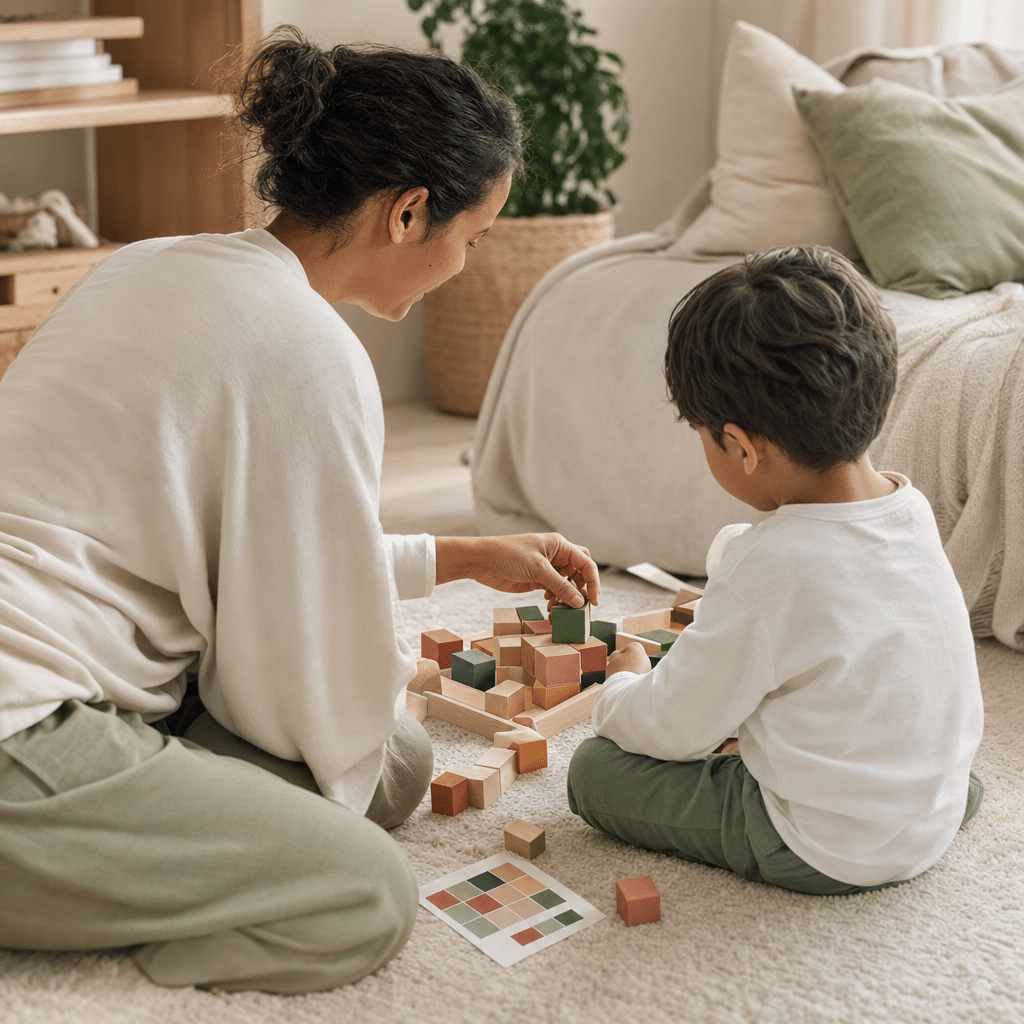 Parent et enfant de 4 ans jouant à un jeu d'observation sur un tapis douillet dans le salon.