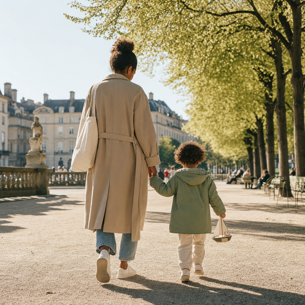 Parent et enfant de 4 ans se promenant main dans la main dans un parc parisien
